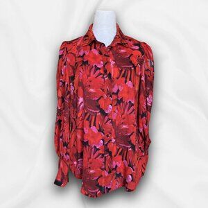 BTFBM Red, Pink & Black Floral Blouse W/Puff Shoulders Sz M Career Professional